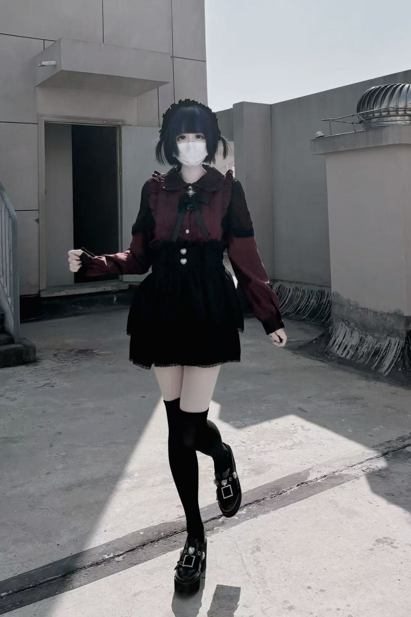 Night Prayer Japanese Lacework Black Jirai Kei Top Skirt Set