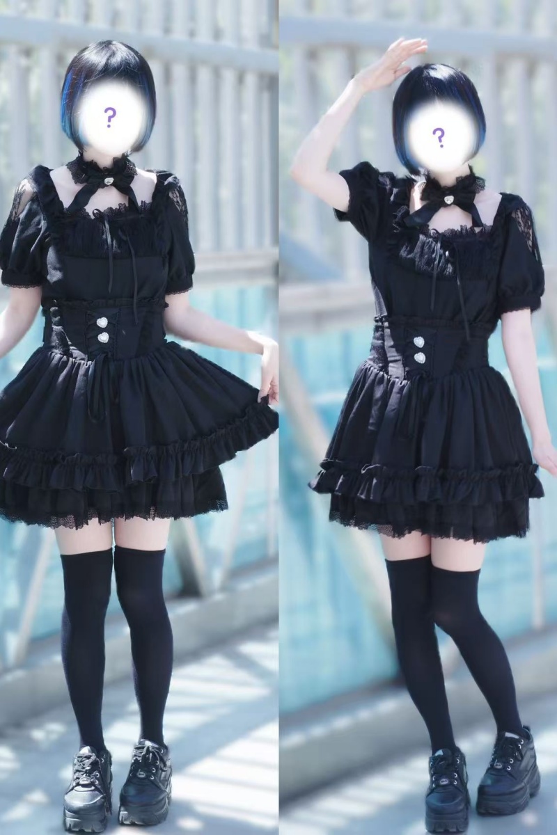 Jirai Kei Thousand Layers Dream Black Lace Blouse Skirt Set