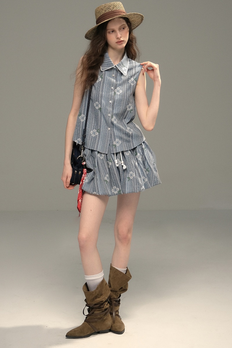 Mori Kei Style Retro Embroidered Flower Bud Top Skirt