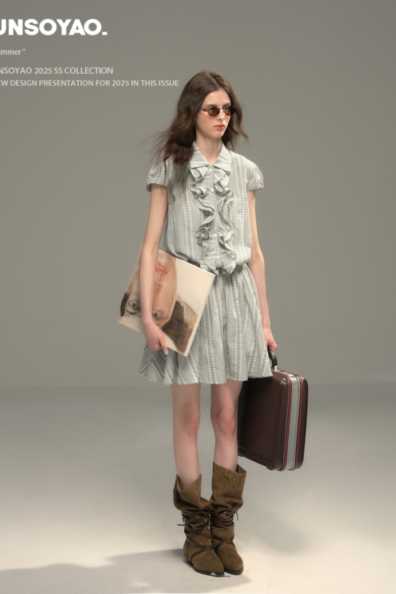 Silver Coral Grey Plaid Dress Mori Kei Fashion