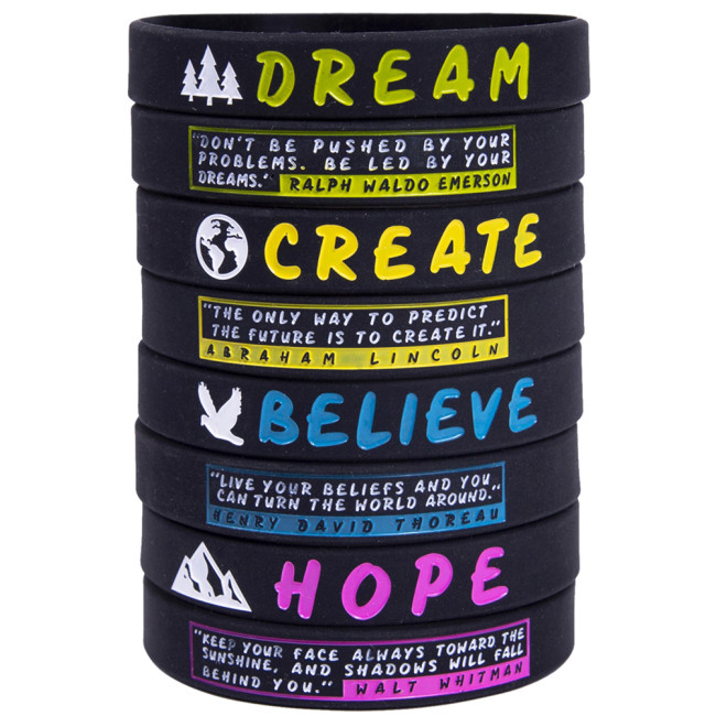 (12-Pack) Dream Believe Hope Create - Motivational Quote Bracelets Silicone Rubber Wristbands Inspirational Gifts and Party Favors