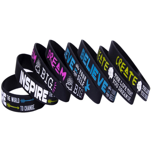 (12-Pack) Dream, Believe, Inspire, Create - Motivational Quote Bracelets Silicone Rubber Wristbands Inspirational Gifts and Party Favors