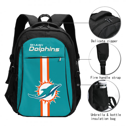 NFL Miami Dolphins Edition Travel Laptops Backpack with USB Charging Port, Water Resistant