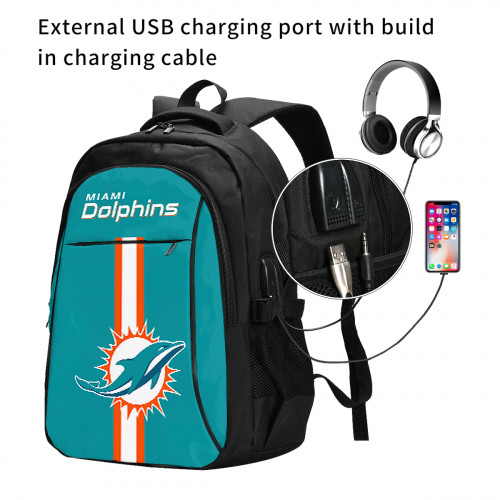 NFL Miami Dolphins Edition Travel Laptops Backpack with USB Charging Port, Water Resistant