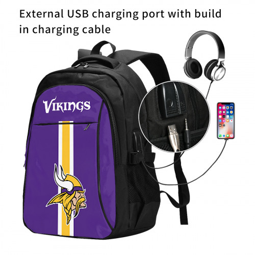 NFL Minnesota Vikings Edition Travel Laptops Backpack with USB Charging Port, Water Resistant