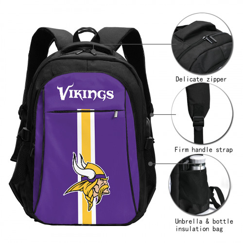 NFL Minnesota Vikings Edition Travel Laptops Backpack with USB Charging Port, Water Resistant