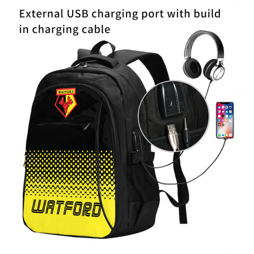 Premier League Watford Edition Travel Laptops Backpack with USB Charging Port, Water Resistant
