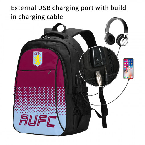 Premier League Aston Villa Edition Travel Laptops Backpack with USB Charging Port, Water Resistant