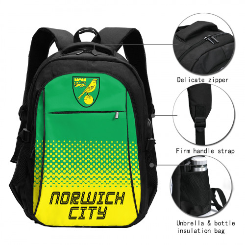Premier League Norwich City Edition Travel Laptops Backpack with USB Charging Port, Water Resistant