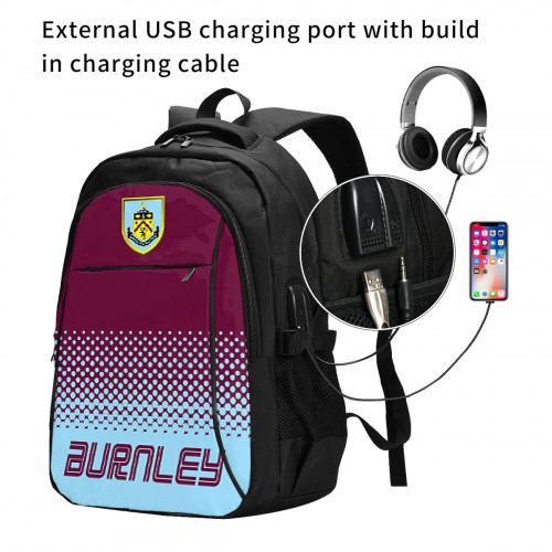 Premier League Burnley Edition Travel Laptops Backpack with USB Charging Port, Water Resistant