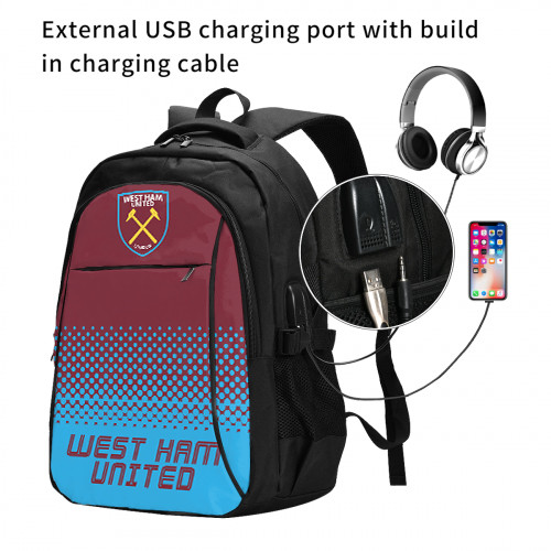 Premier League West Ham Edition Travel Laptops Backpack with USB Charging Port, Water Resistant