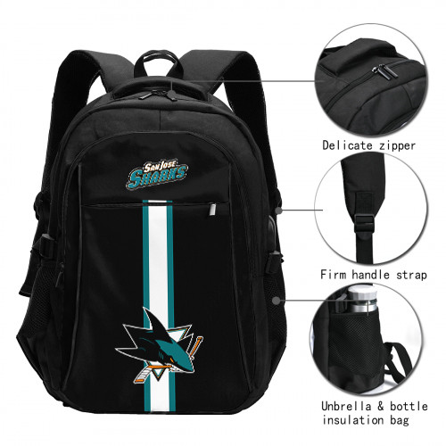 NHL San Jose Sharks Edition Travel Laptops Backpack with USB Charging Port, Water Resistant