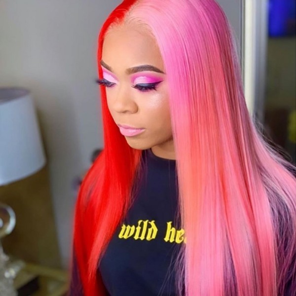 Lm Customized Unique Ombre Half Blonde And Half Black Lace Front Red Pink Straight Human Hair