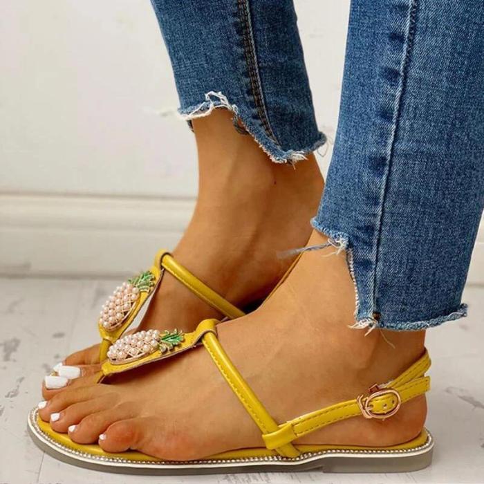 Women Rhinestones Pearl Pineapple Thongs Buckle Strap Flat Heel Sandals
