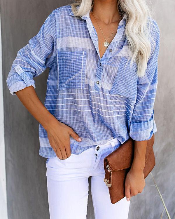 Paneled Plaid Print Buttoned Side Pocket Casual Blouse