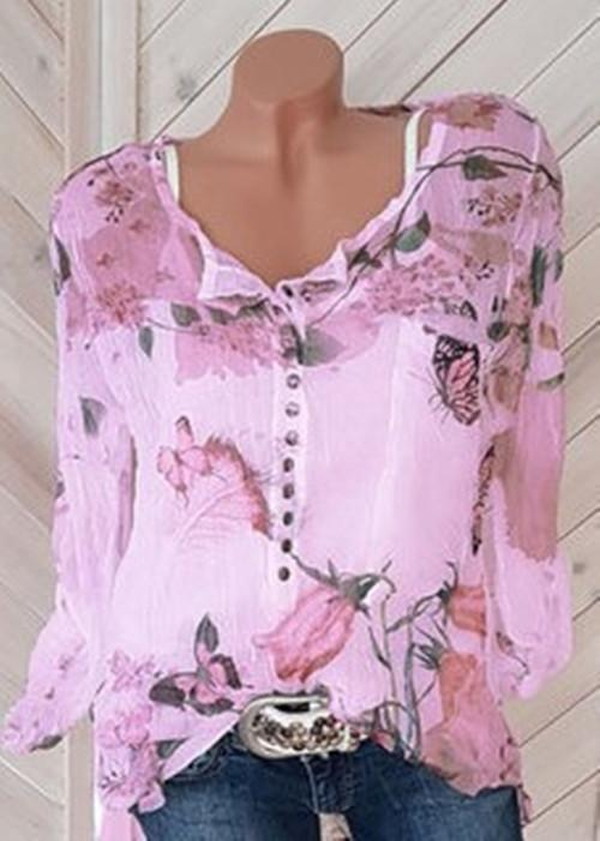 Fashionable Floral Printed V-neck Long Sleeve Blouses