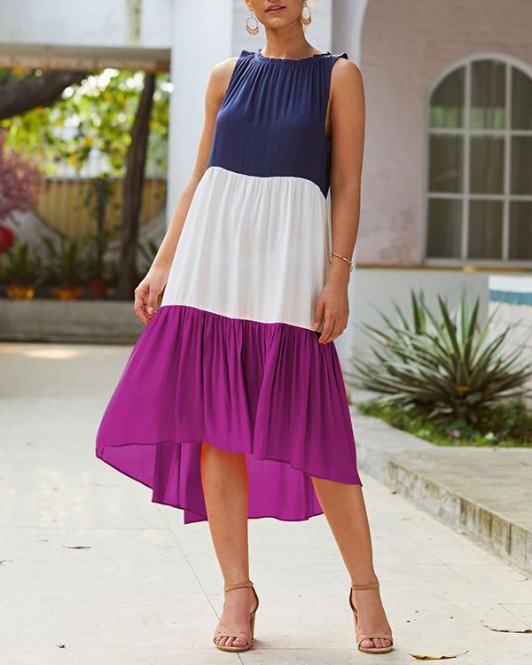 Color Block Irregular Sleeveless Midi Dress