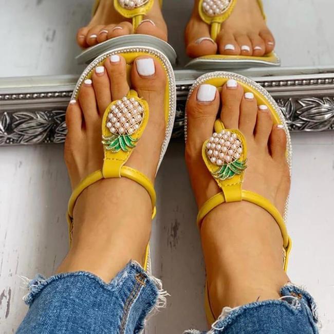 Women Rhinestones Pearl Pineapple Thongs Buckle Strap Flat Heel Sandals