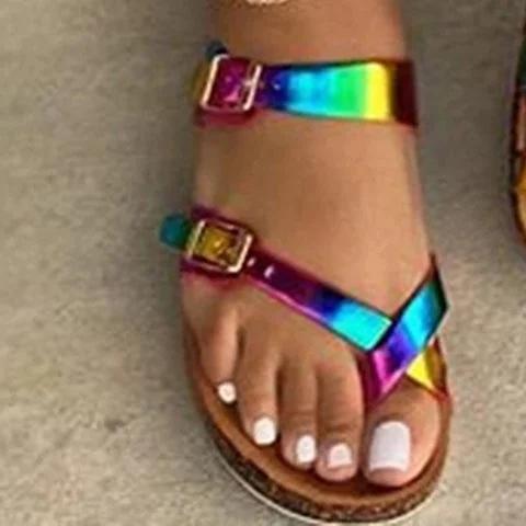 Multicolor Flat Heel Pu Summer Buckle Sandals
