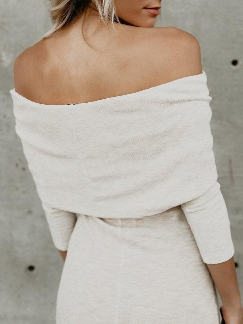 Off Shoulder White Sheath Women Daily 3/4 Sleeve Basic Paneled Fall Midi Dress