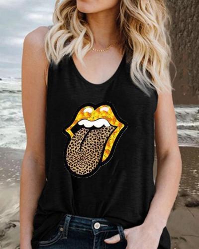 Women Lip Printed Leopard T-shirt Short Sleeve Tops