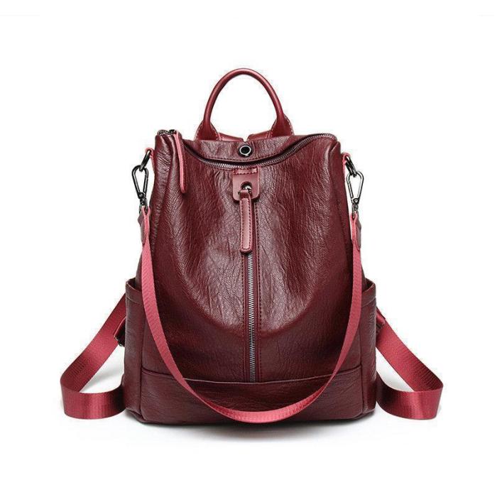 Women Solid Travel Leisure Soft Leather Multi-function Backpack Large Capacity Shoulder Bag