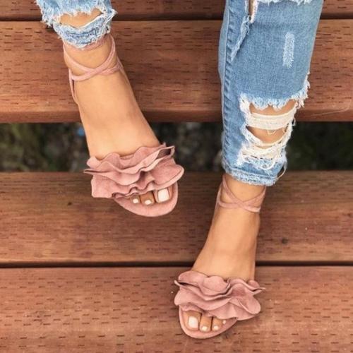 Large Size Women Summer Flocking Flower Bandage Flat Sandals Women Slipper Shoes