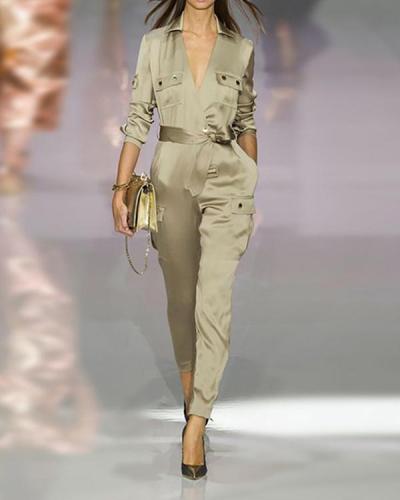 Army Green V Collars Jumpsuit