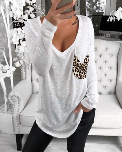 Casual V-neck Solid Color Patch Pocket Blouse Long-sleeved Loose Top