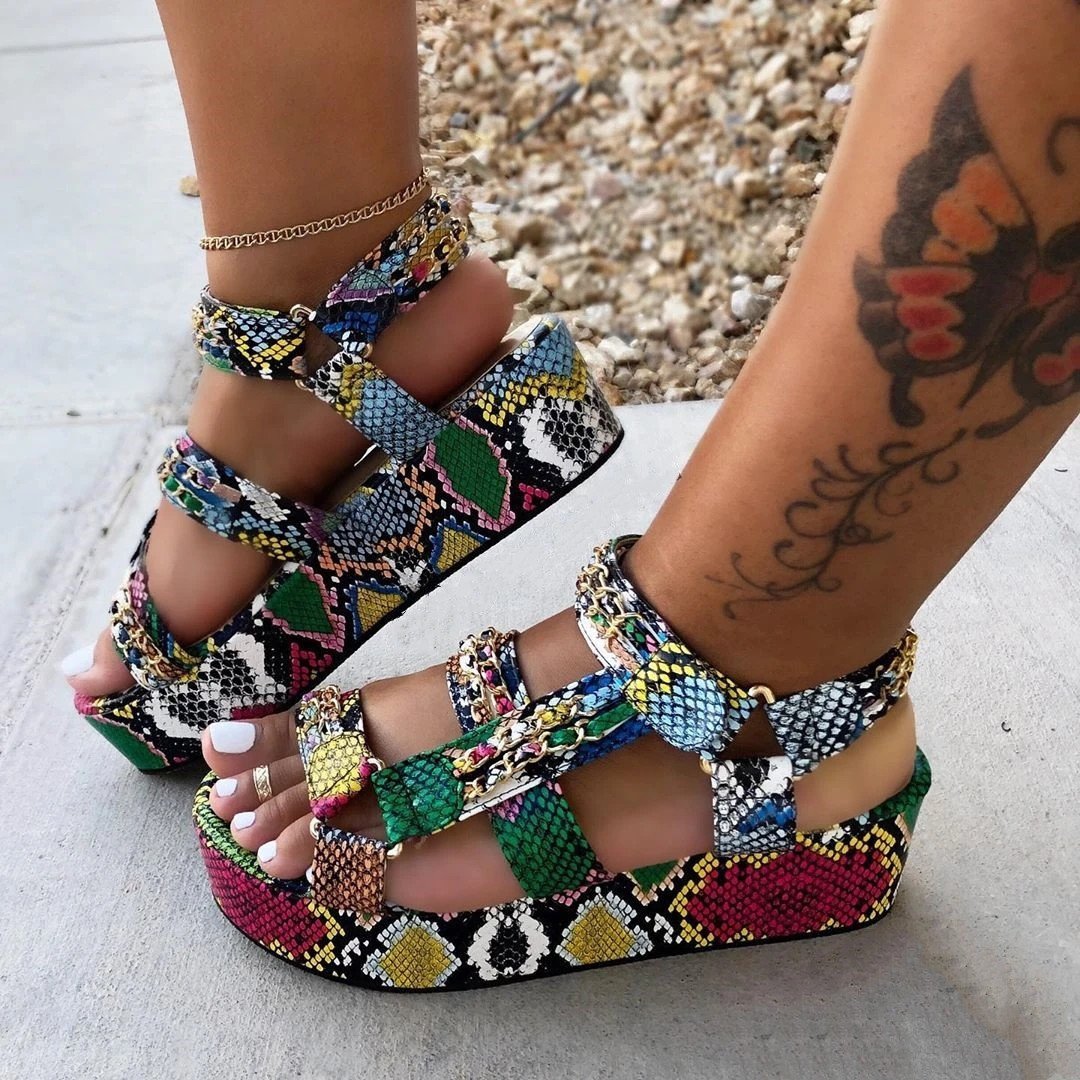 multicolor snakeskin platform sandals