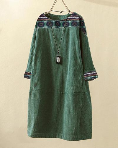 Corduroy Ethnic Print Patchwork Vintage Long Sleeve Mini Dress