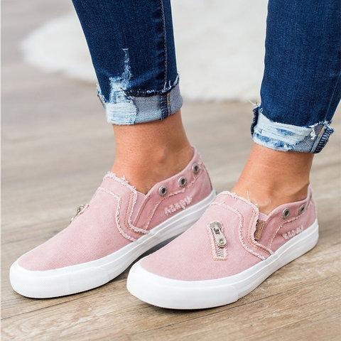 Large Size Zipper Denim Loafers Flats Canvas Shoes Women Casual Slip on