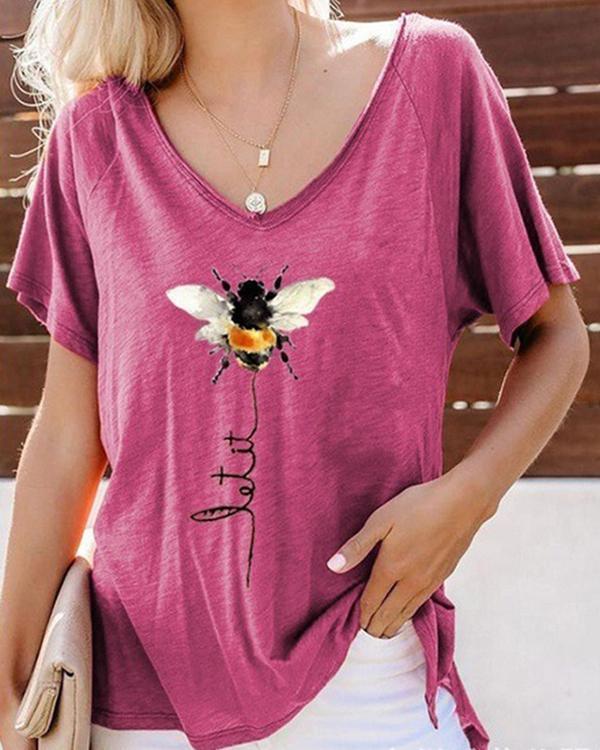 Bee Printed Short Sleeve V Neck Shirts & Tops