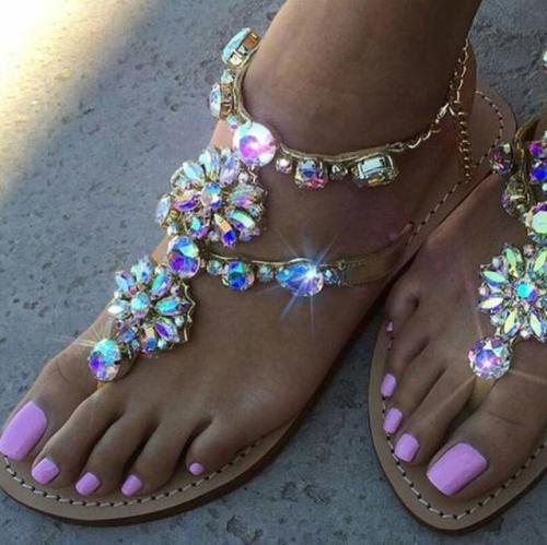 Large Size Women Summer Shiny Embellished Toe Post Flat Sandals Flip Flops Slippers