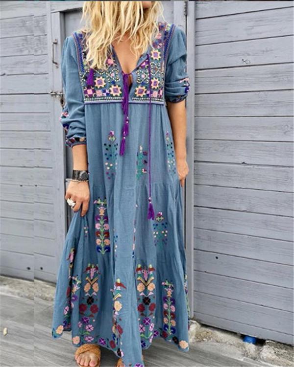 Bohemian Floral Printing Long Sleeve Maxi Dresses
