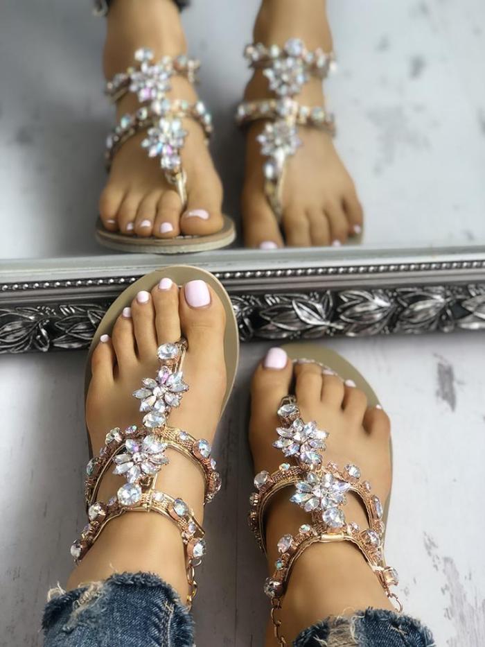 Large Size Women Summer Shiny Embellished Toe Post Flat Sandals Flip Flops Slippers