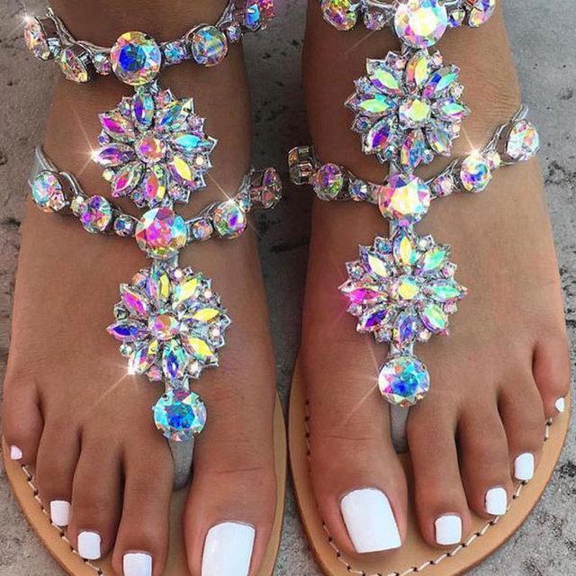 Large Size Women Summer Shiny Embellished Toe Post Flat Sandals Flip Flops Slippers