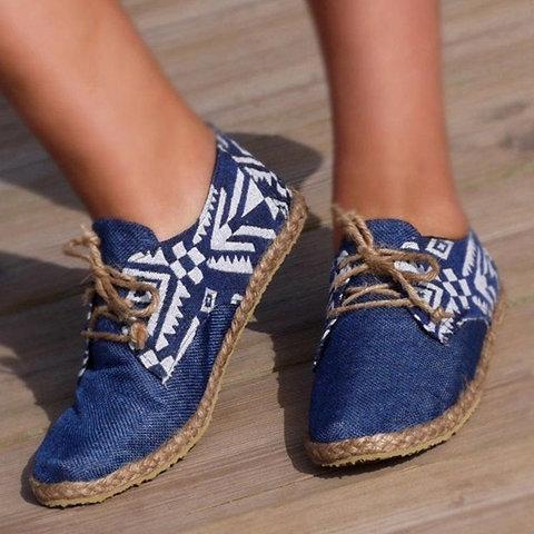 Blue Lace-Up Cloth Flat Heel Round Toe Espadrille Loafers