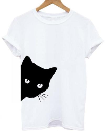 Women Casual Funny Print Cat Looking Outside Plus Size T-shirts Tops
