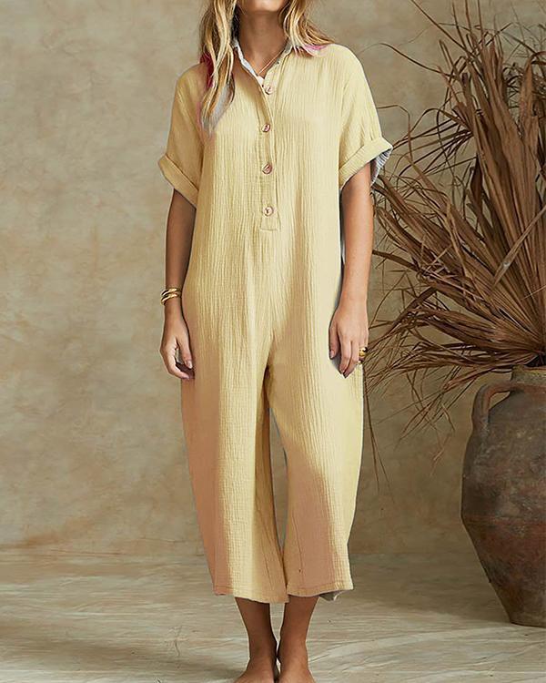 Solid Casual Wide Leg Buttoned Jumpsuit