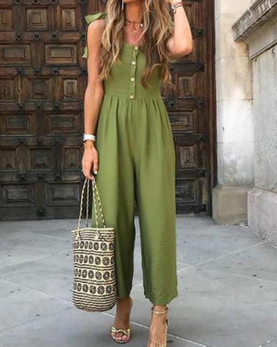 Bohemian Solid Color Button Sleeveless Jumpsuit
