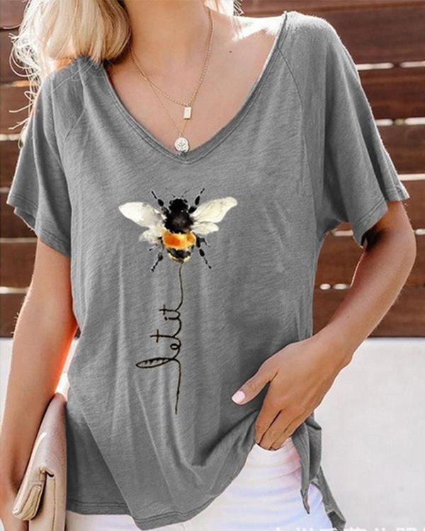 Bee Printed Short Sleeve V Neck Shirts & Tops