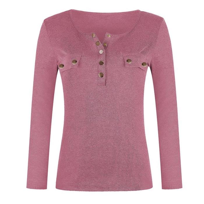 Solid Color Knitted Button Blouse