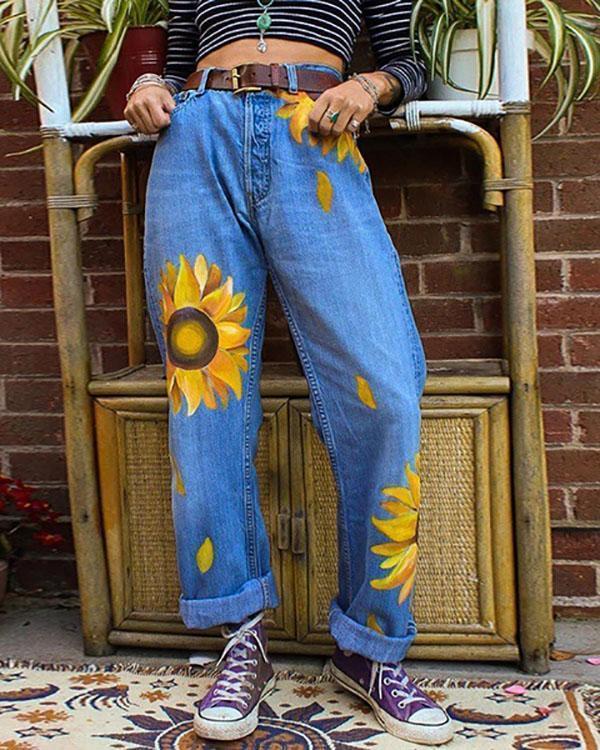 Women's Casual Print Washed Sun Flower Loose Jeans