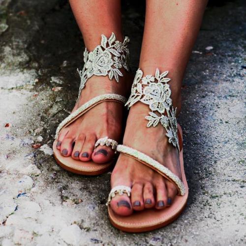 Hand-knit Flat Embroidered Sandals