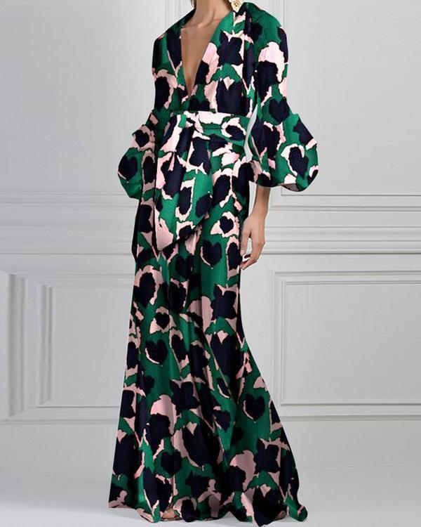Green Vintage Floral Printed V-Neck Fashion Maxi Dress