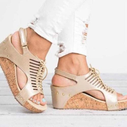 Hollow Lace-up Peep Toe Wedge Sandals