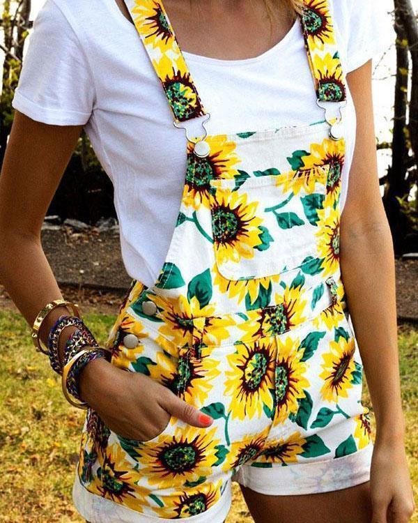 Holiday Sunflower Print Buckle Side Pockets Paneled Romper