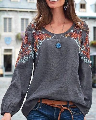 Vintage Embroidery Floral Long Sleeve Casual Blouse Tops