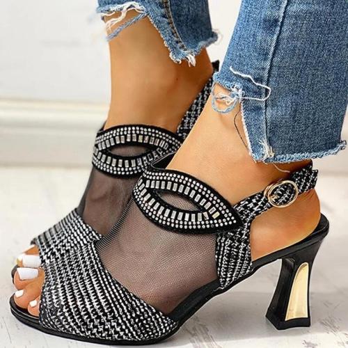 Women Mesh Hollow Out Rhinestone Chunky Sandals